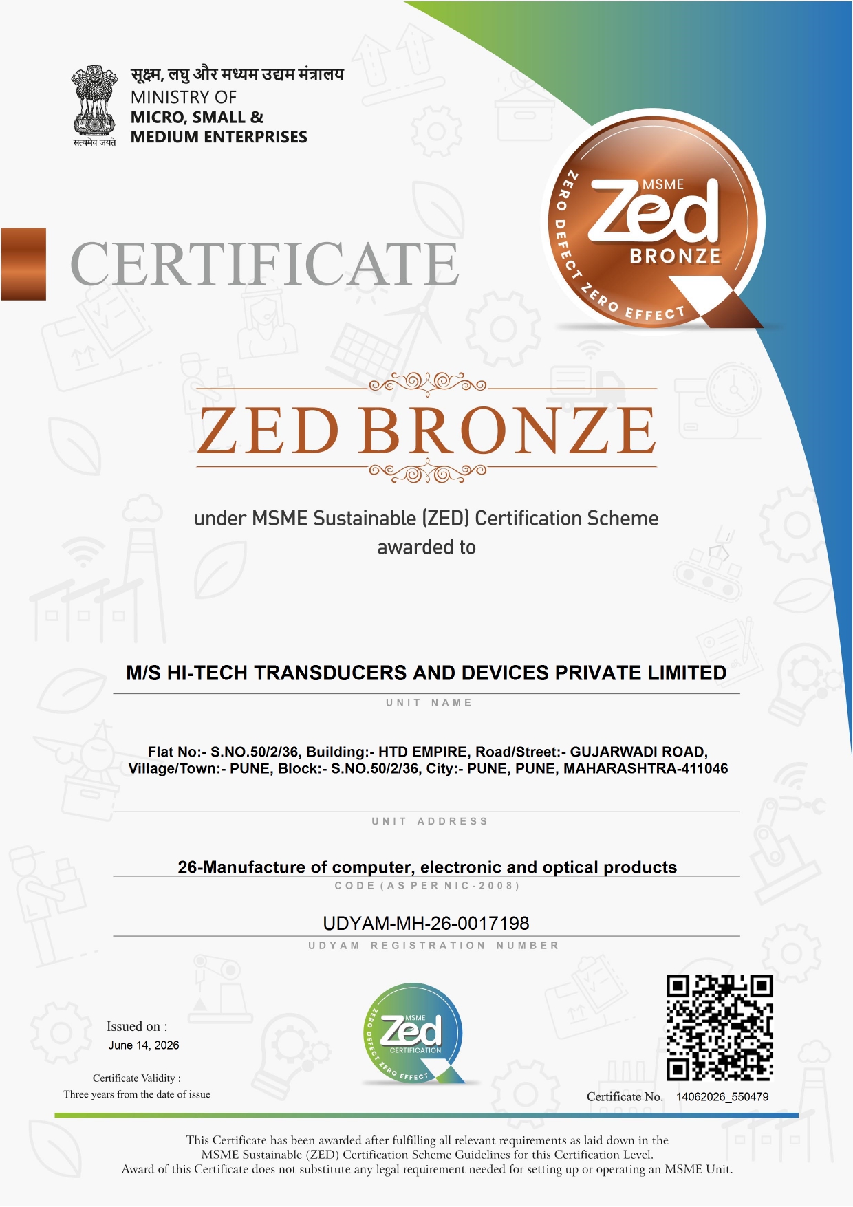 Hi-tech transducers and devices ZED certificate